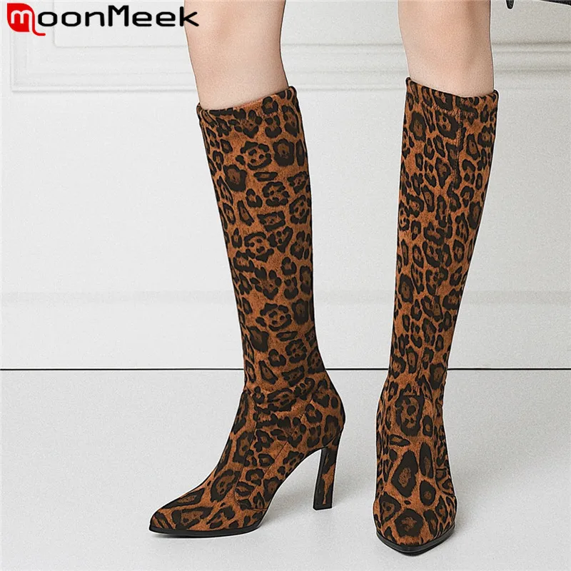 

MoonMeek Plus size 34-43 NEW women boots pointed toe mid calf stretch boots Leopard Print high heels shoes prom ladies boots