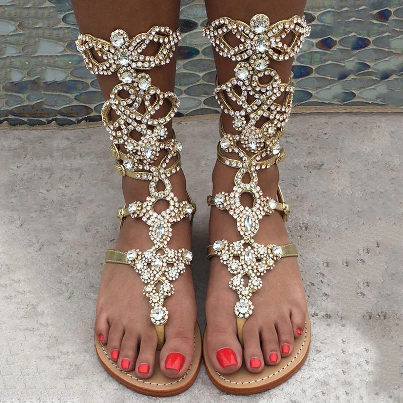 Sandalias planas de estilo bohemio Sandalias de playa de cristal para mujer 