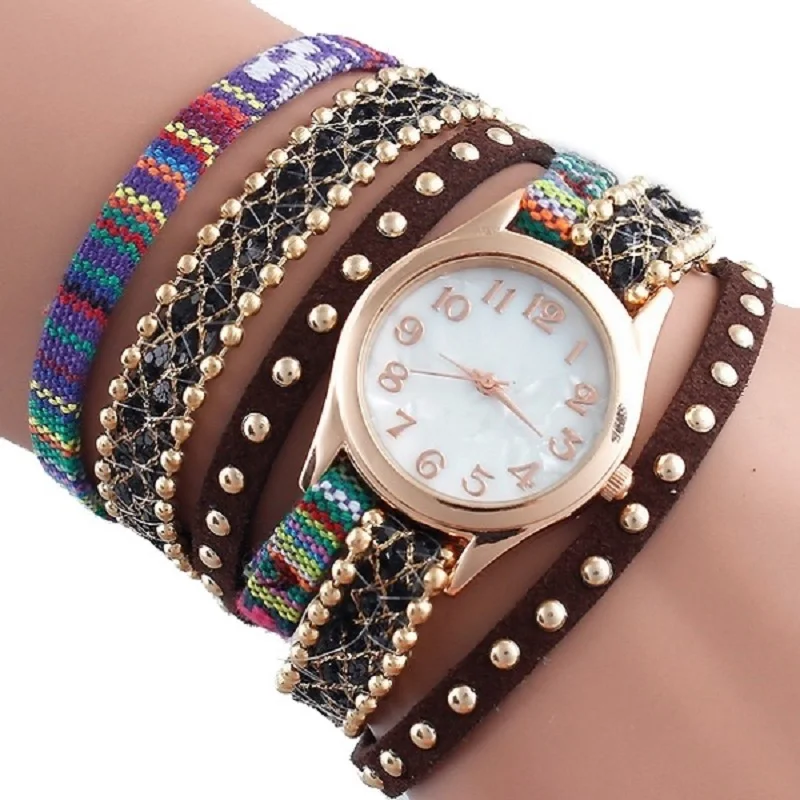 

Gnova Platinum Women Watch Indian Ethnic Peruvian Golden Bracelet Wristwatch PU Large Watch Fashion Reloj Quartz clock