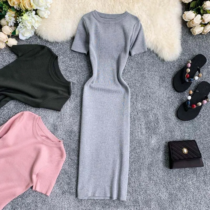 

NiceMix 2019 new fashion women's dresses Solid color simple round neck short sleeve elastic knit tight bag hip dress