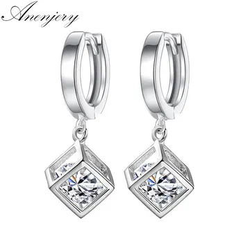 

ANENJERY Silver Color Cube Zircon Square Dangle Earrings For Women brincos Gift Wedding Jewelry S-E228