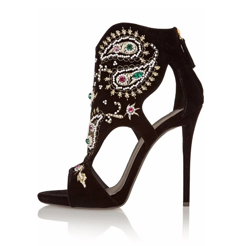 

Newest Flock Elegant Crystal Folk-custom High Heel Sandals Woman European American Spring Summer Black Party Dress Shoes