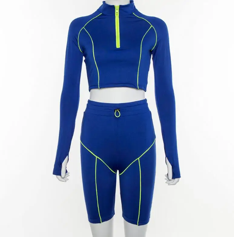 

New women's color zipper short long-sleeved T-shirt + high waist sweatpants two-piece suit