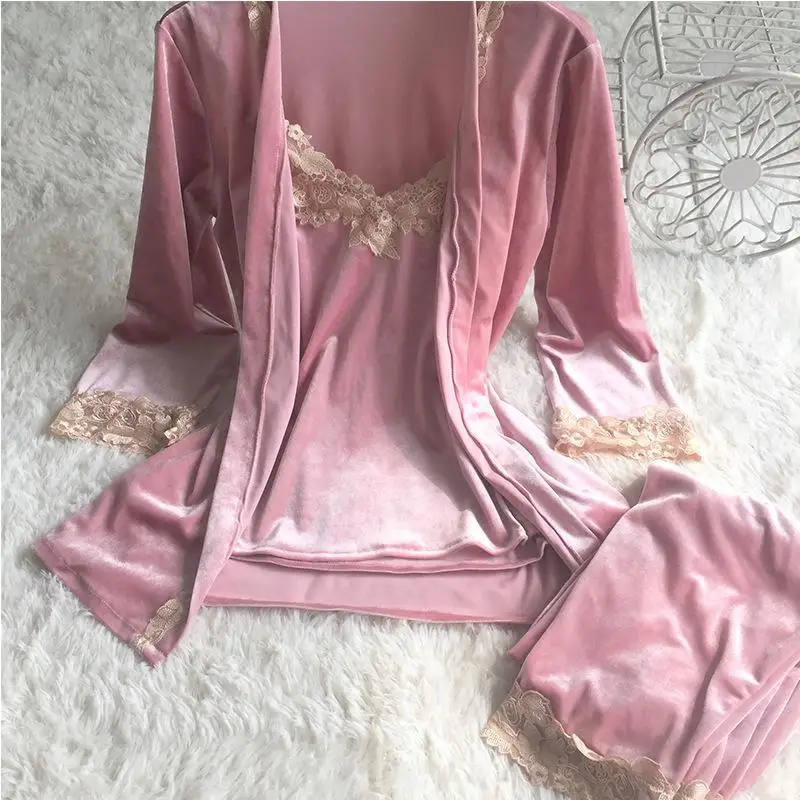 Элегантный женский осенне-зимний комплект халатов, бархатный длинный кружевной комплект из 3 предметов: рубашка+ штаны+ ночная рубашка, одежда для сна, Повседневная Домашняя одежда на каждый день - Цвет: Pink