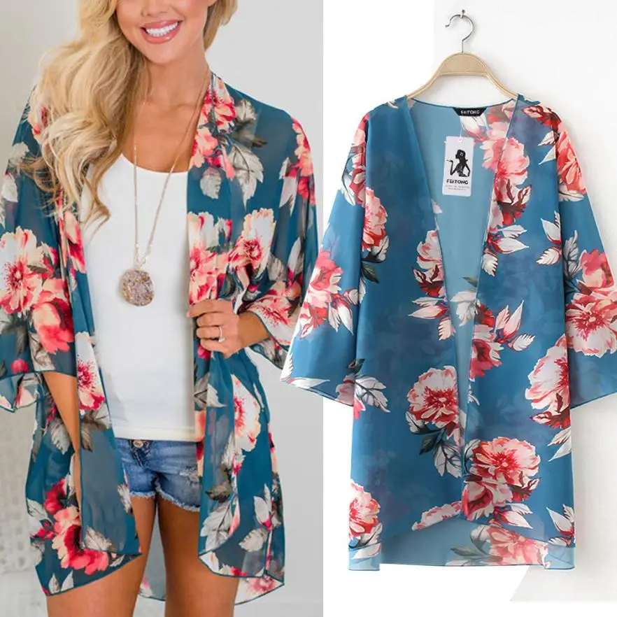 

Chiffon Blouse Kimono Cardigan Beach Cover Floral Print Ladies Tops Kimonos Mujer 2018 Female Clothing #410
