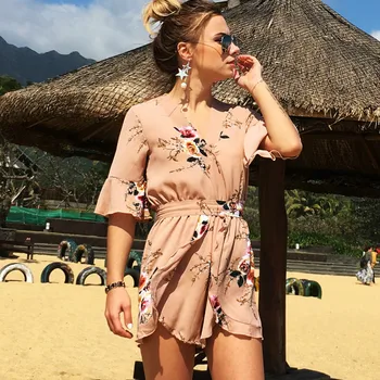 

2020 Spring Summer Women V-neck Short Sleeve Playsuits Bohemian Seaside Holiday Beach Female Printed Chiffon Couplet Short Skirt