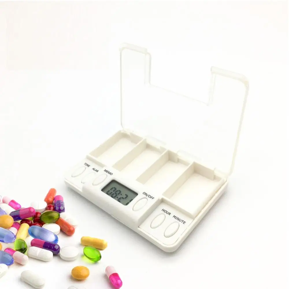 4-таблетки дня Ящик Контейнер для хранения лекарств диспенсер хранение лекарств электронная коробка для лекарств с напоминанием о тревоге, белый цвет