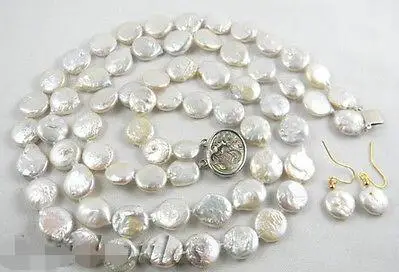 

Free shipping hot sale Women Bridal Wedding Jewelry >>2strands 20''14mm white coin freshwater pearl earring necklace Set
