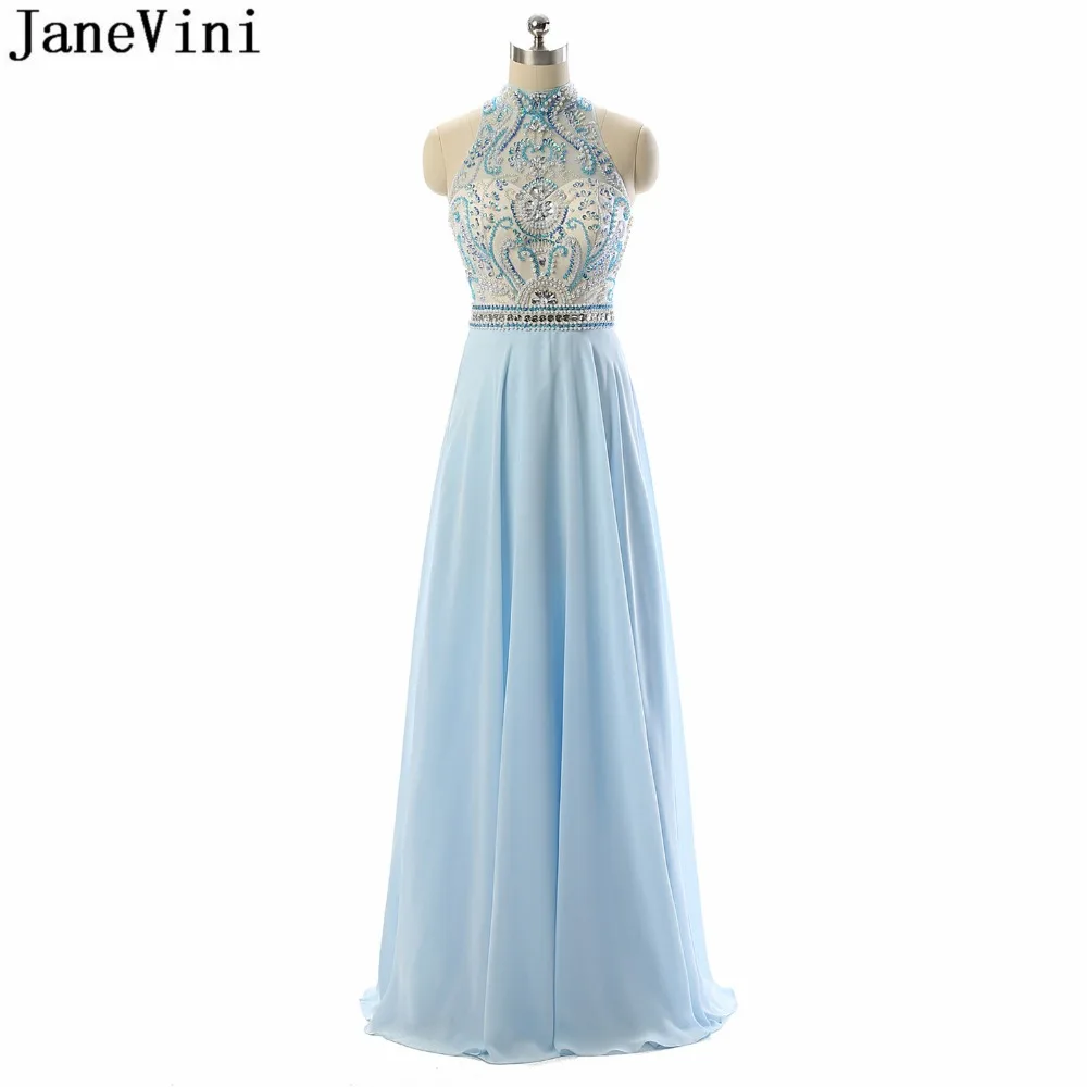 

JaneVini Luxury Long Bridesmaid Dresses High Neck Crystal Beading Floor Length Backless Elegant Chiffon A Line Prom Party Gowns