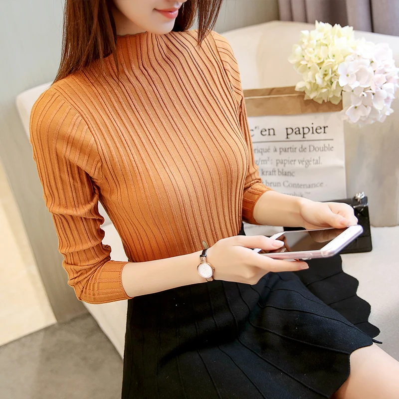 

Korean Autumn Winter Women Knitwear Turtleneck Long Sleeve Solid Sim Striped Women Sweaters and Pullovers Top Femme