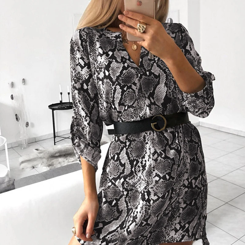 

Spring V-neck Dress Snake Print Wrap Dress Women Autumn Half Sleeve Irregular Labyrinth Pattern Mini Dress Female Robe Vestidos