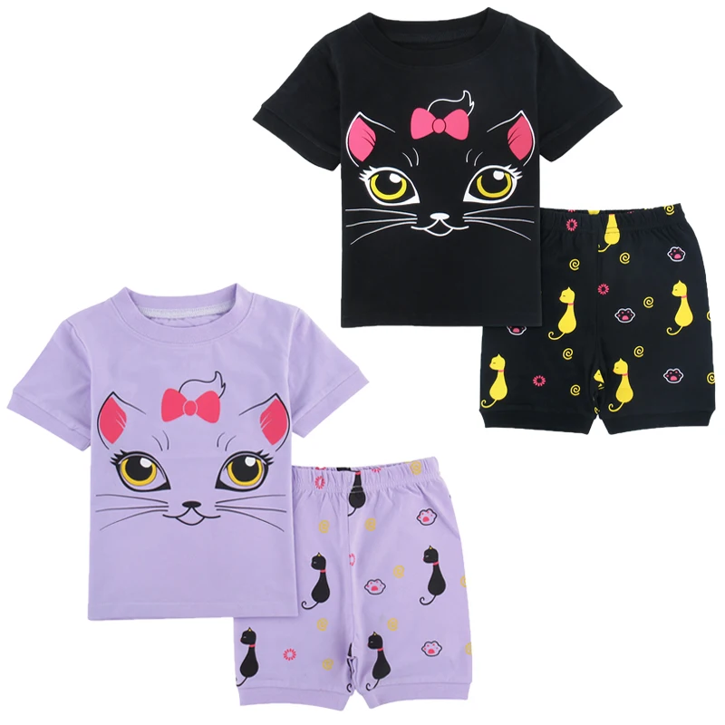 

Kids Girls Black Pyjamas Set Toddler Cat Cartoon Sleepwear Baby Summer Animal Print Nightwear Clothes