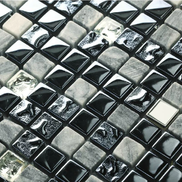 Grey stone iridescent glass tile black navy blue kitchen backsplash