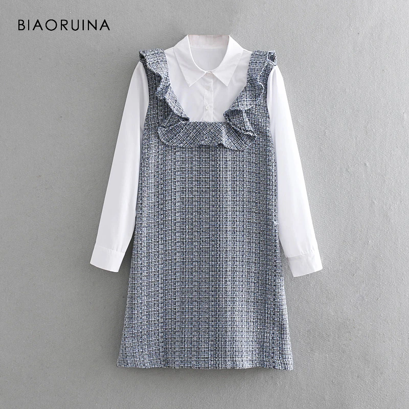 

BIAORUINA Women Korean Style Tweed Straght Dress Patchwork Long Sleeve Ruffles Female Casual Chic All-match Mini Dress Vestidos