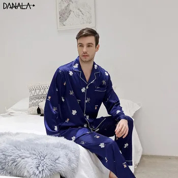 

DANALA Silk Satin Pajamas Sets Men Floral Print refreshing Simple Men Nightwear Sets Home Suits Sleepwear Three Quarter Sleeve