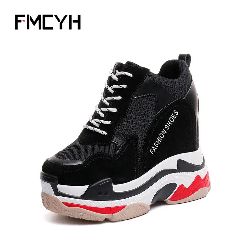 

FMCYH Women Platform Shoes Hidden Increase 12CM Pumps Breathable Mesh Footwear Woman Wedge High Heels Casual Lady Shoes Sneaker