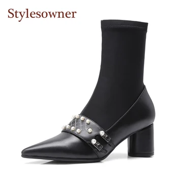 

Hot Stylish Pearls Decoration Lady Sexy Boots Pointed Toe Round Heel Elastic Sock Boots Slip On Black Single Nude Woman Boots