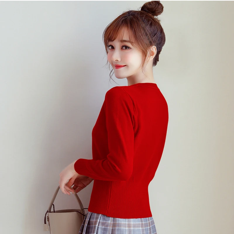 Fashion High Waist Slim Women Sweater Winter Round Neck Knit Pullover Ribbed Elasticity Small Waist Female Student Sweater 2018