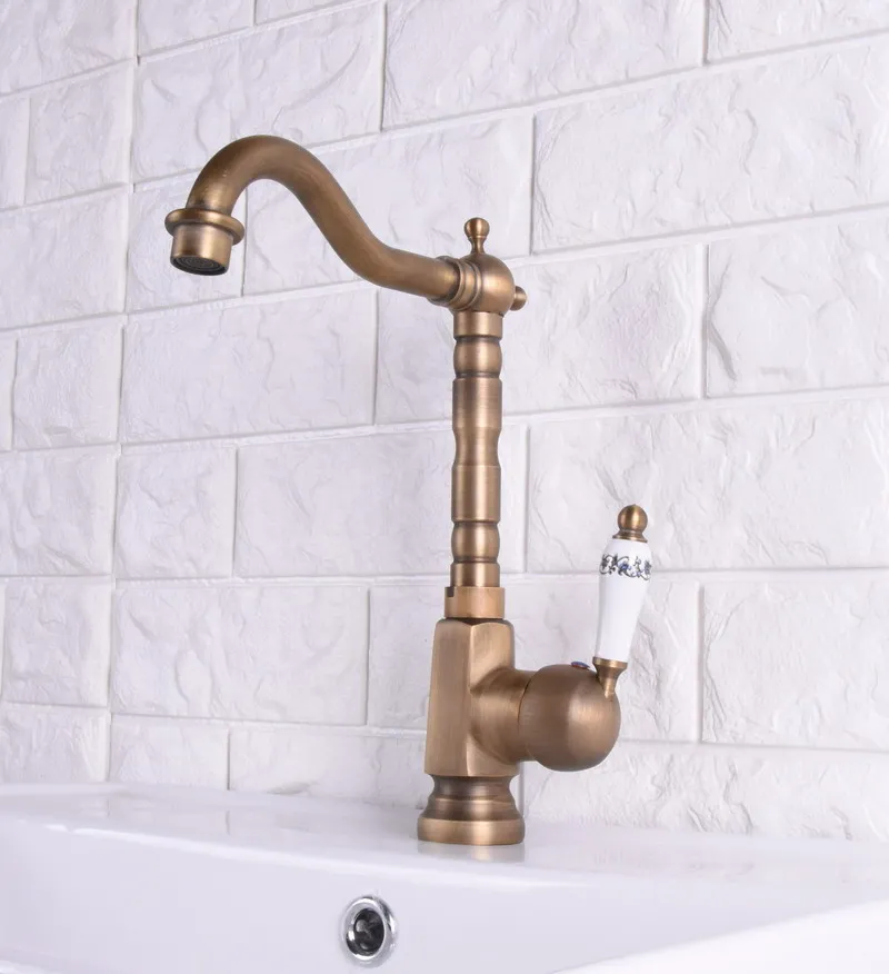 Vintage Retro Antique Brass Single Handle One Hole Bathroom Kitchen Basin Sink Faucet Mixer Tap Swivel Spout Deck Mounted msf114