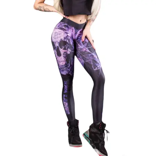 

2018 Women High Waist Fitness Leggings Stretch Slim Purple Skull Print Letter Lady Casual Bandage Leg Ankle Length Trousers