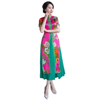 

High Quality Summer New Twinset Ladies' Vietnam Ao Dai Long Dress Chinese Long Reformative Cheong-sam Dresse M L XL XXL XXXL
