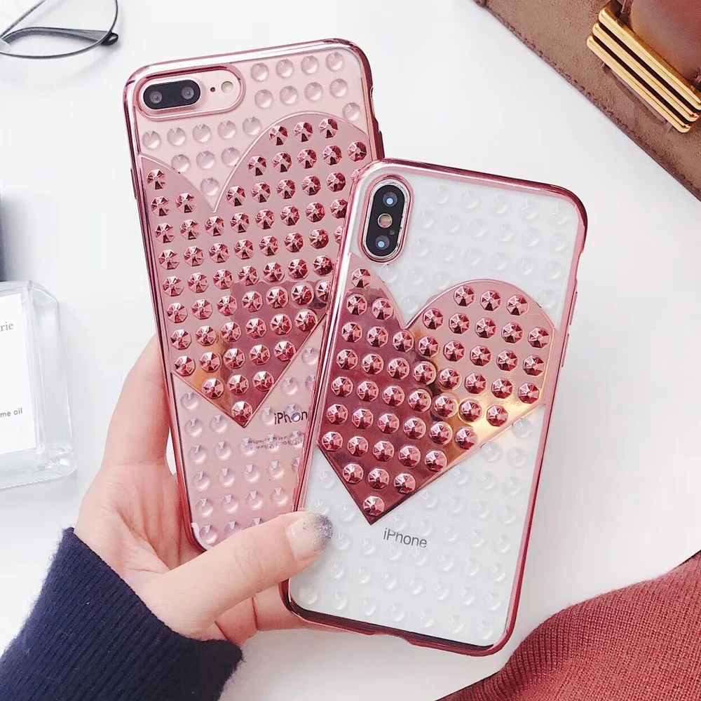 

LOVECOM Fashion Electroplating Rivets Heart Phone Case For iPhone X 8 7 6 6S Plus Soft TPU Phone Cover Cases Capa Coque Fundas
