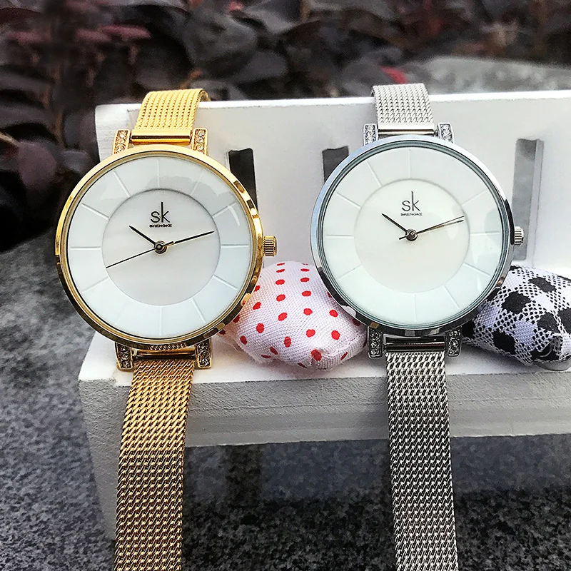 Часы Shengke женские кварцевые из нержавеющей стали с золотым браслетом|wristwatch women