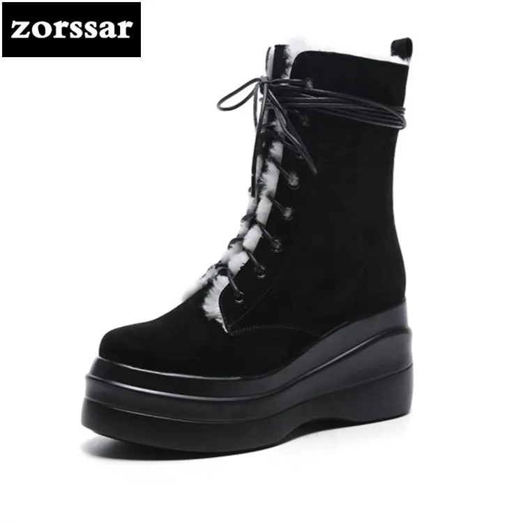 

{Zorssar} Fashion Winter fur Women Boots High heels cow suede ankle Snow Boots Female Warm Plush Insole High Quality Botas Mujer