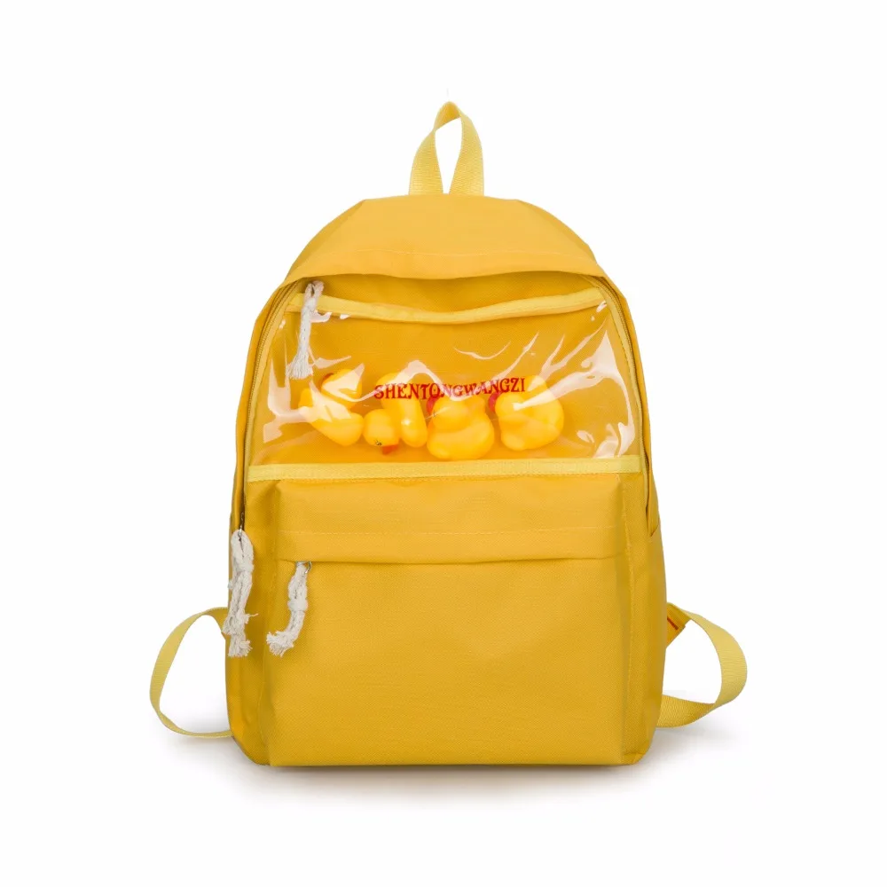 

Fashion Lady Oxford Cloth Backpack Solid Color Transparent Print Letters Little Yellow Duck Lady College Bag 20-35 Litre