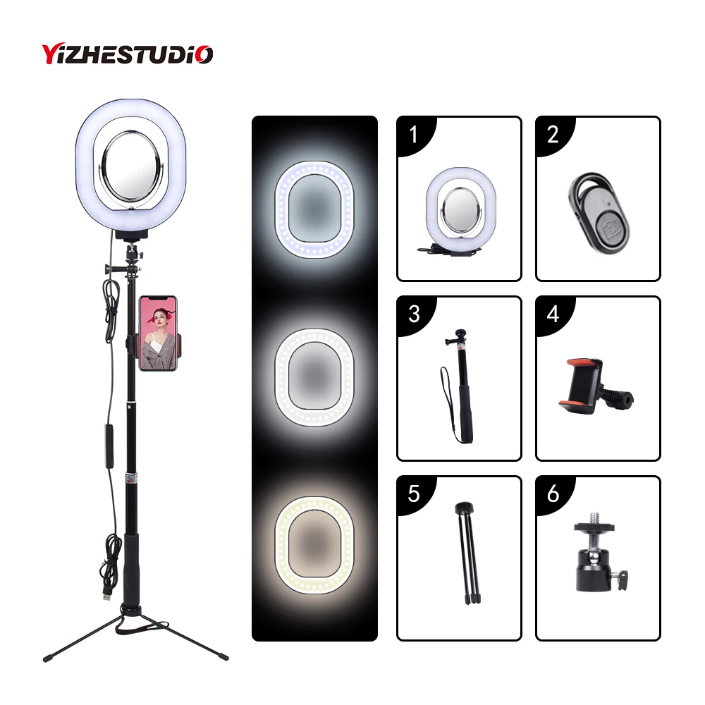 

Yizhestudio 3500-5500k Photography Dimmable LED Selfie Ring Light With Phone Holder USB Plug Tripod Stepless Selfie light