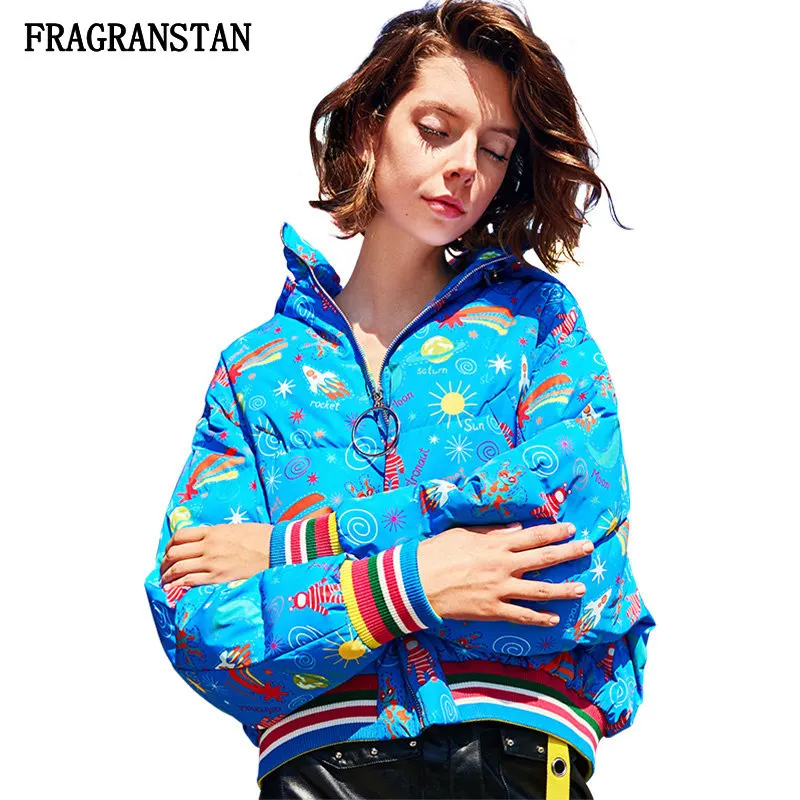 

2018 Fashion Thicken Keep Warm Hooded Down Jacket Female Winter New Cartoon Pattern Printed Striped Loose High Quality Coat Q398