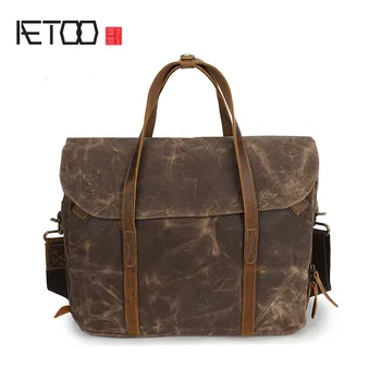 

AETOO Oil Wax canvas with crazy horse skin briefcase European and American men bag retro shoulder Messenger bag