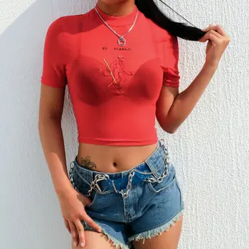

2019 NEW Women Sexy See Through Short Sleeve Sheer Chiffon Mesh Devil Embroidery Shirt Female Woman Clothing Fashion