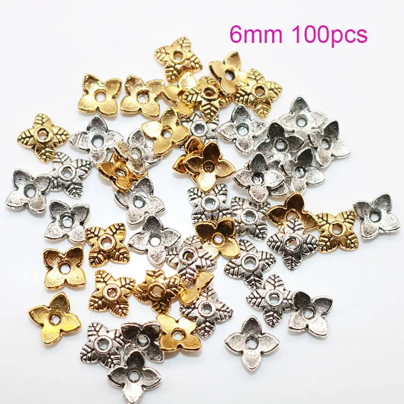 

6MM 100pcs/lot Metal 4 Petals Flower Bead Caps Silver Plated Beads End Caps Charms For Beads Jewelry making Wholesale