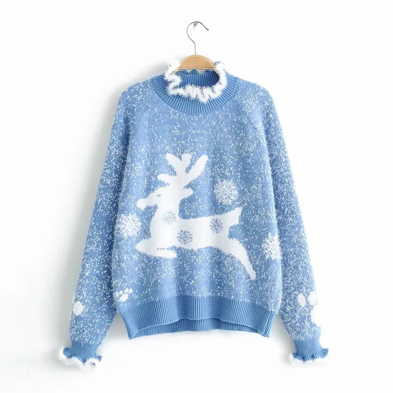 Jocoo Jolee, женский свободный Рождественский свитер, водолазка с длинным рукавом и принтом оленя, новогодний свитер, Повседневный пуловер с оборками, джемперы - Цвет: Синий