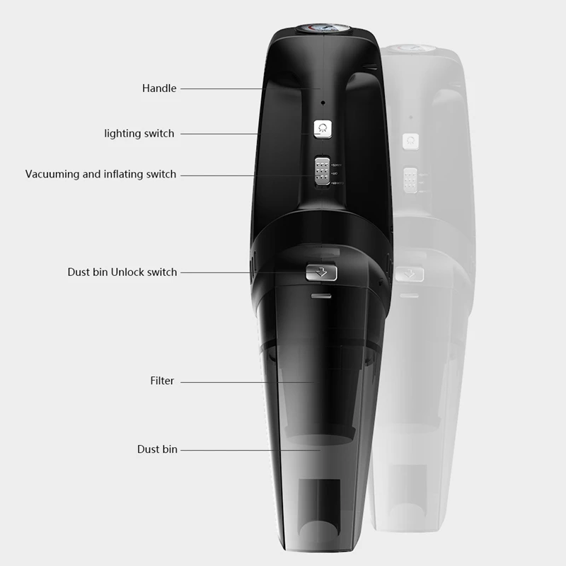 4-в-1 Автомобильный Ручной пылесос с указателем шин насоса Давление датчик светодиодный светильник домашний робот-пылесос Авто