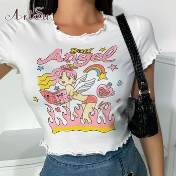 

ArtSu Aesthetic Women's Summer Crop Tops Kawaii Angel Graphic Print White T-Shirts Casual Bodycon Female Clothing ASTS52117
