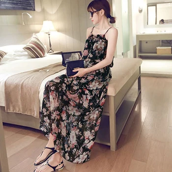 

Women Sexy Spaghetti Strap Dress Summer Fashion Sleeveless Boho Floral Printed Dresses Ladies Party Long Maxi Dress T