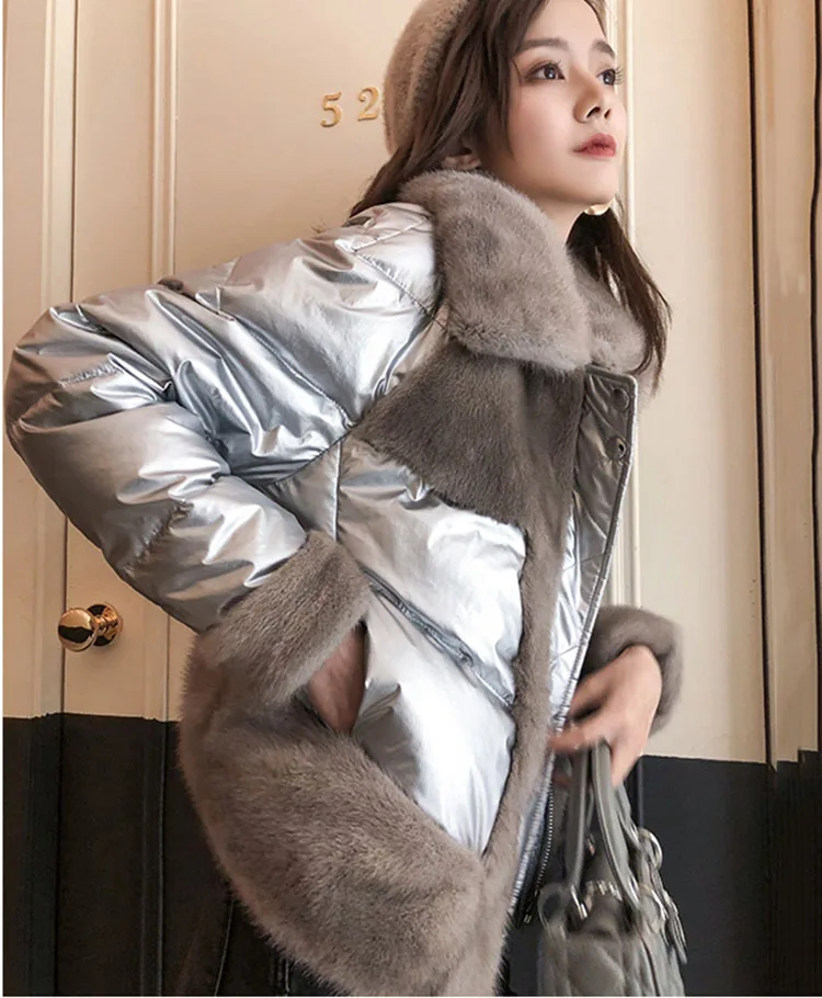 silver Роскошное натуральное меховое пальто, зимняя куртка, Женская куртка из натурального меха норки, парка, теплое пуховое пальто на утином пуху, модная уличная Серебряная пуховая куртка - Цвет: silver