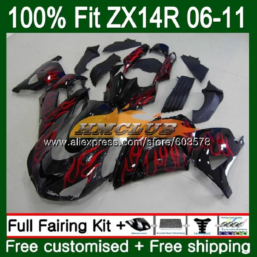 Инъекции для KAWASAKI ZZR1400 ZX 14R 2006 2007 2008 2009 2010 2011 113CL. 44 ZX-14R ZX14R 06 07 08 09 10 11 Красный пламя обтекатель - Цвет: No. 1