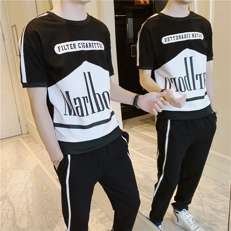 

2019 Summer New Products Thin Fashion Man Loose Fashion Printed Stripes Short Sleeve T-shirt Capri Pants Set