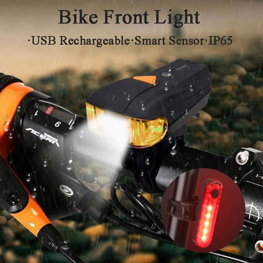 02 New Electric Front Light Bike Headlight with Tail Lamp USB Charging Waterproof Smart Flashlight For Bicycle Bike - Цвет: 02