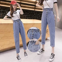 Талия широкие штаны для йоги джинсы новые хлопковые синие шаровары для женщин хип-хоп до икры джинсовые брюки