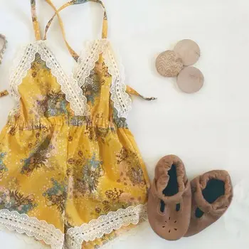 

Newborn Baby Girls Clothing Floral Romper V-Neck Jumpsuit Flower One-Pieces Sleeveless Backless Outfits Clothes New Sunsuit