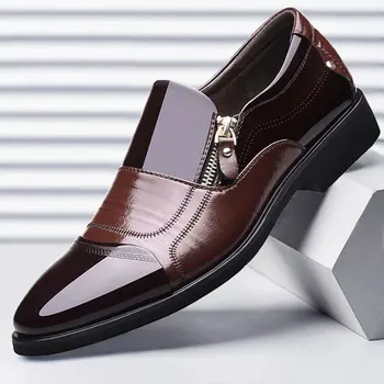 

New British Men's Slip On Split Leather Pointed Toe Men Dress Shoes Business Wedding Oxfords Formal Shoes For Male