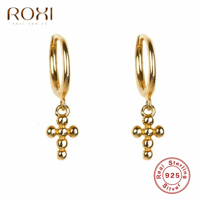 Золотой цвет ROXI, модные женские серьги-гвоздики с крестом, 925 пробы, серебряные маленькие круглые бусины, серьги с крестом для женщин, ювелирные изделия, вечерние, подарок - Окраска металла: Золотой цвет