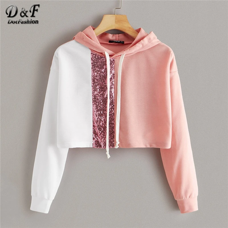Dotfashion Розовый Повседневный контрастный блесток Деталь лоскутное шнурок толстовки дамы Colorblock укороченный с капюшоном Толстовка