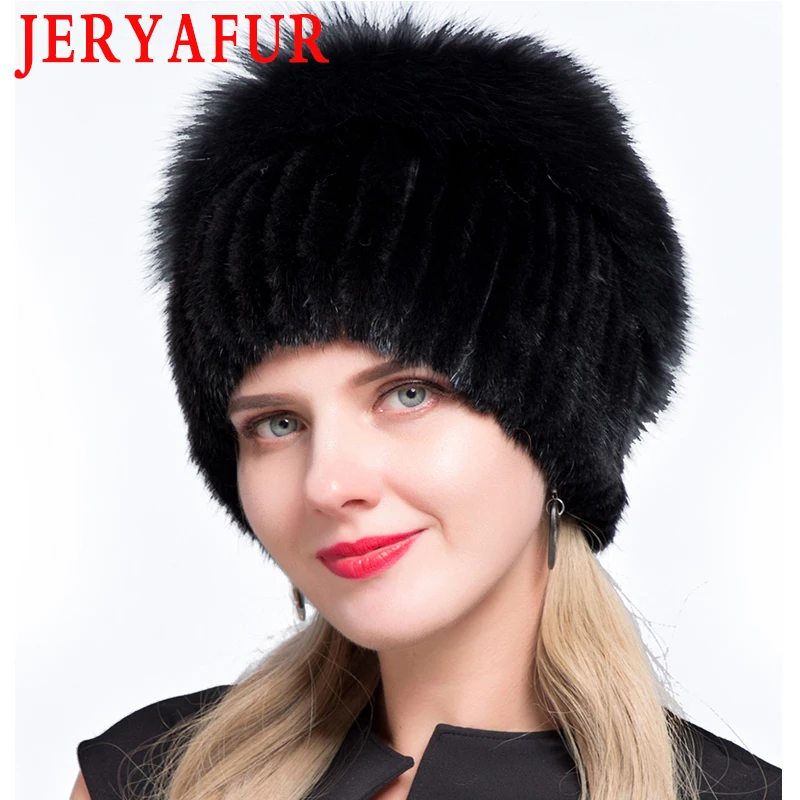 JERYAFUR, новые модные зимние шляпы для женщин, меховая шапка из натуральной норки, женские Лоскутные Шапки из лисьего меха, смешанные цвета, внутренние вязаные шапки, теплые