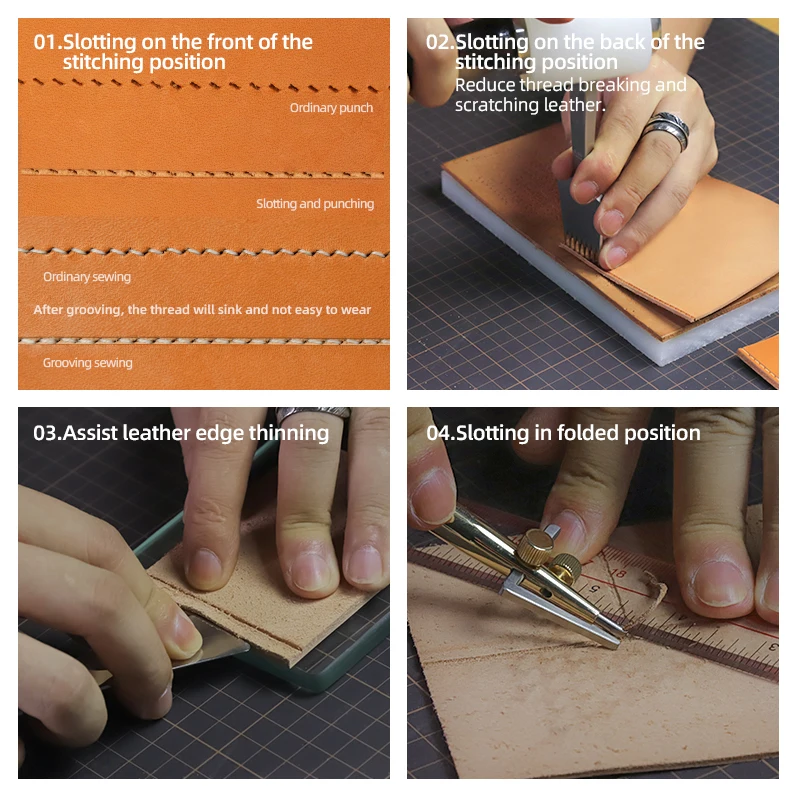 WUTA Professional 3 in 1 Leather Groover Tool Set M390 Steel Head Adjustable Edge Crease Stitching Groover DIY Leather Tools