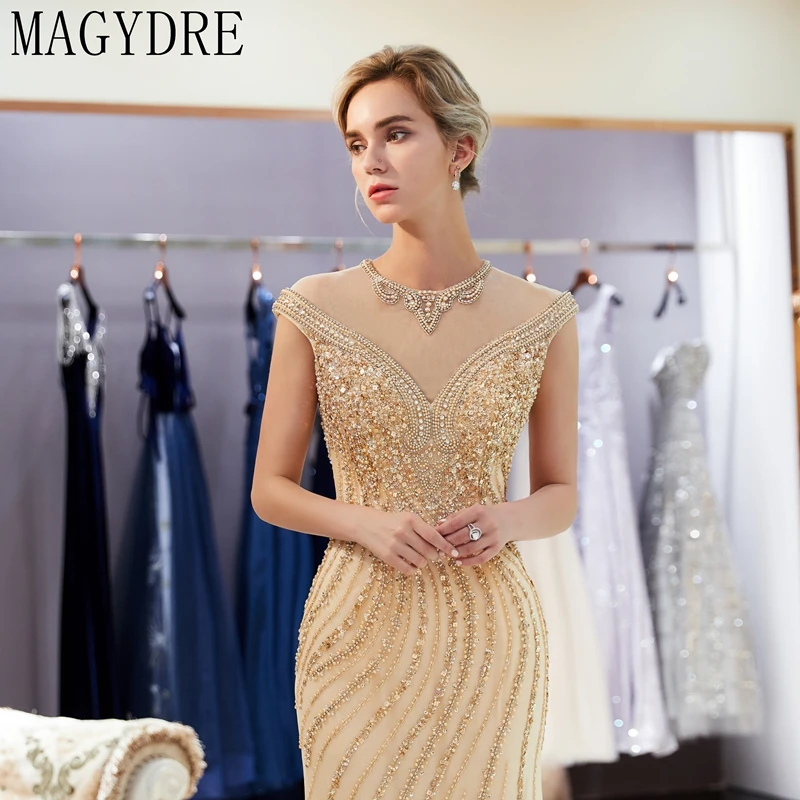 Золотой Русалка бисером Кристалл вечернее платье без рукавов Vestidos роскошное Длинное Платье Иллюзия